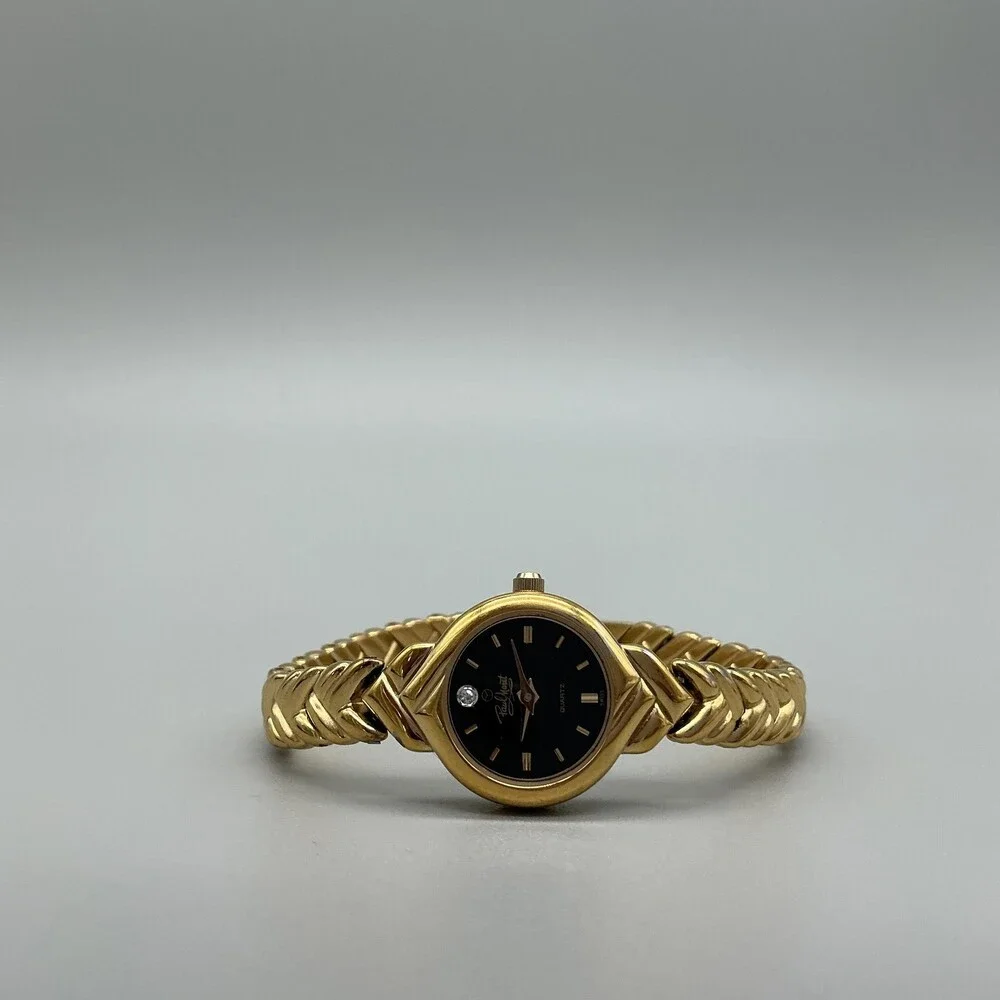 Paul Monet 2164 Womens Watch 19mm Black Dial Gold Tone Crystal New Battery 7.25
